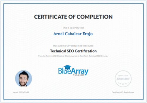 Technical SEO Certificate of Arnel Erojo. The comprehensive SEO Course was conducted by Blue Array.