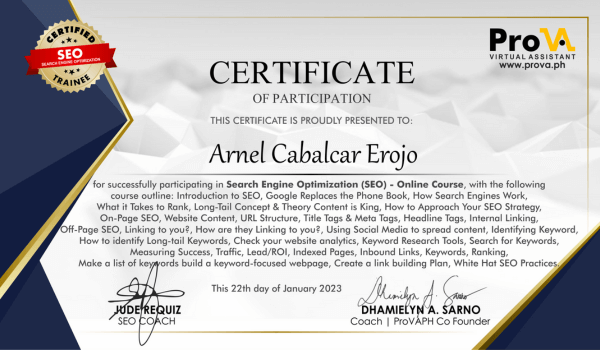 SEO Training Certificate of Arnel Erojo. The training is conducted by ProVA Philippines